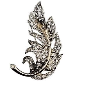 Rhinestone Leaf Brooch Silver Tone Pin Feather Mid Century 60s Faux Marcasite
